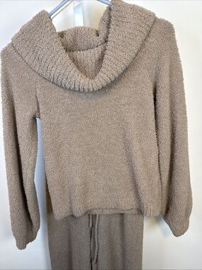 Beige Ultra Soft Teddy Bear Loungewear Set Cowl Crop Sweater Bell Pant Sz Sm